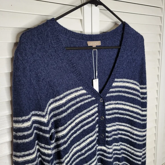 Lilla P Stripe Terry Henley Pullover Sweater Blue/Cream MEDIUM & LARGE NWT - Picture 3 of 12